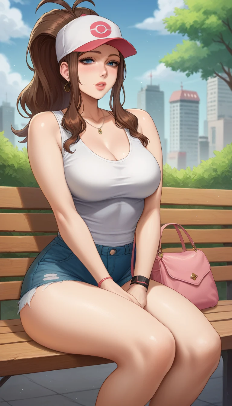 portrait of a woman in the style Sciamano240, Hilda, hotpants, cap, ponytail, tight white shirt, sleeveless, mature, very large breasts, wide hips, slim body, thin legs, sexy, city, sitting on bench, pink handbag, horny, teasing face, horny face, breasts focus view,