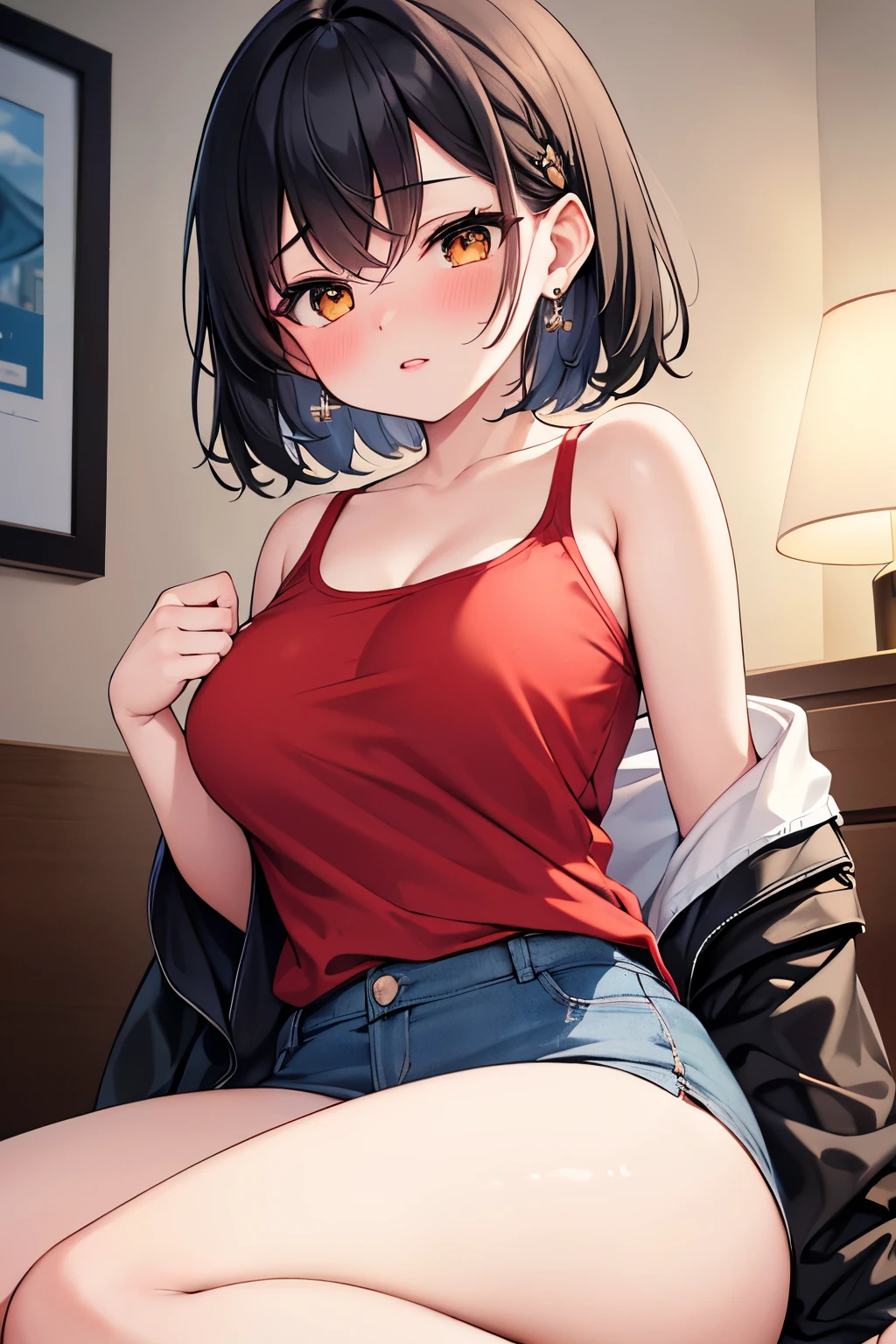 SUgUha girl sister Kirito from the anime sword art online a girl blue eyes red sweatshirt with white details denim shorts black hair white skin big breasts