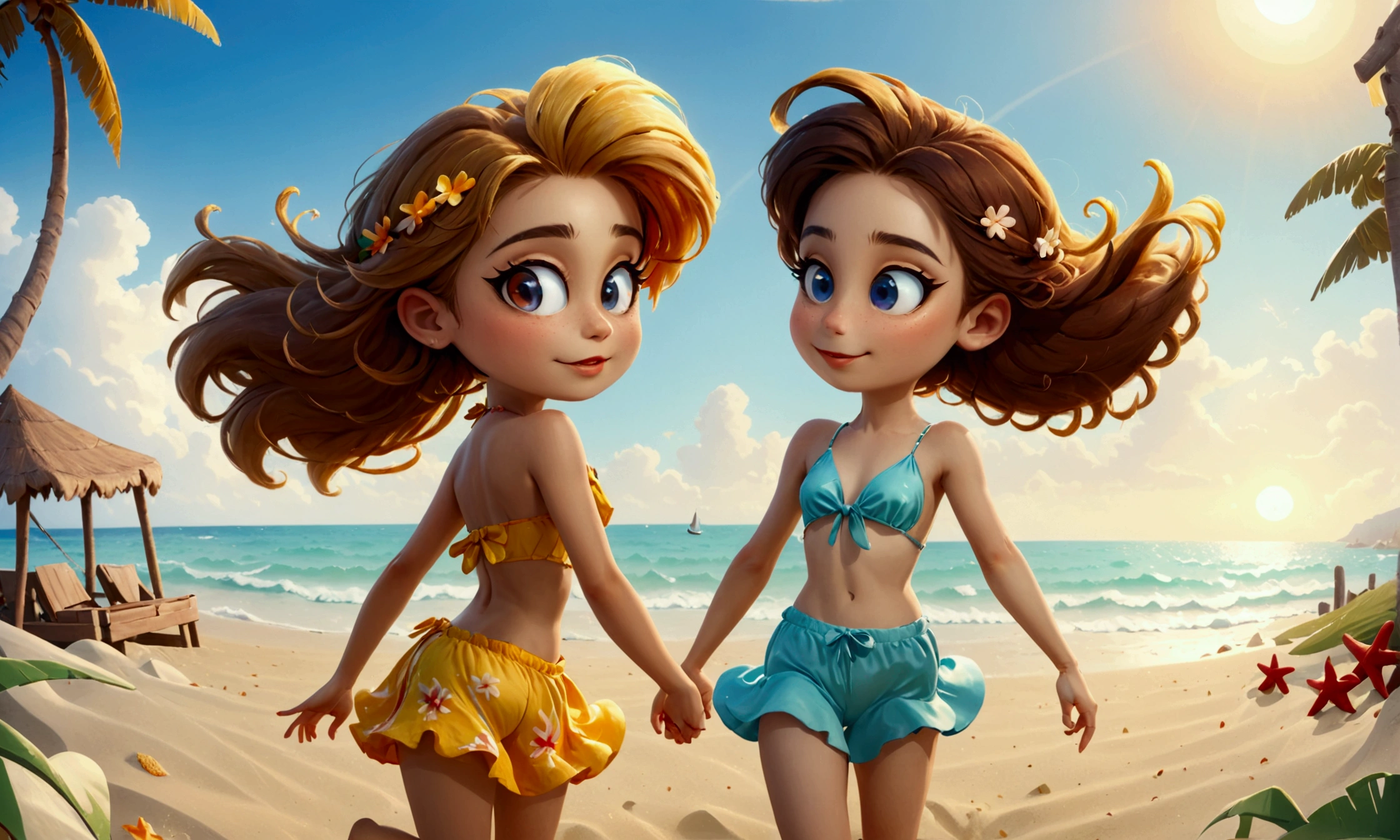           masterpiece ,          Best quality       ,      High resolution 8k image showing two girls dressed for the summer season playing on the beach 