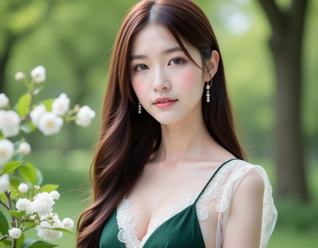 A hyper-realistic portrait of an elegant East-Asian woman with smooth, flowing straight brown hair cascading naturally over her shoulders. She gazes softly at the viewer with large, almond-shaped eyes that exude warmth and charm. Her flawless porcelain skin glows under soft, natural lighting, while her subtle makeup highlights her delicate features, including a gentle pink tint on her lips.

She wears a sophisticated outfit consisting of a white blouse with intricate lace details on the collar and sleeves, paired with a deep green dress featuring sheer accents on the shoulders. Her long, minimalistic earrings with small pearl-like elements add a touch of elegance to her look. The background is softly blurred, creating a harmonious balance that keeps the focus on her serene expression and stylish attire. In the foreground, hints of white flowers and green leaves add a natural and refreshing touch, complementing the overall composition.

The atmosphere conveys a sense of quiet sophistication and natural beauty, with attention to detail in textures, lighting, and color harmony.