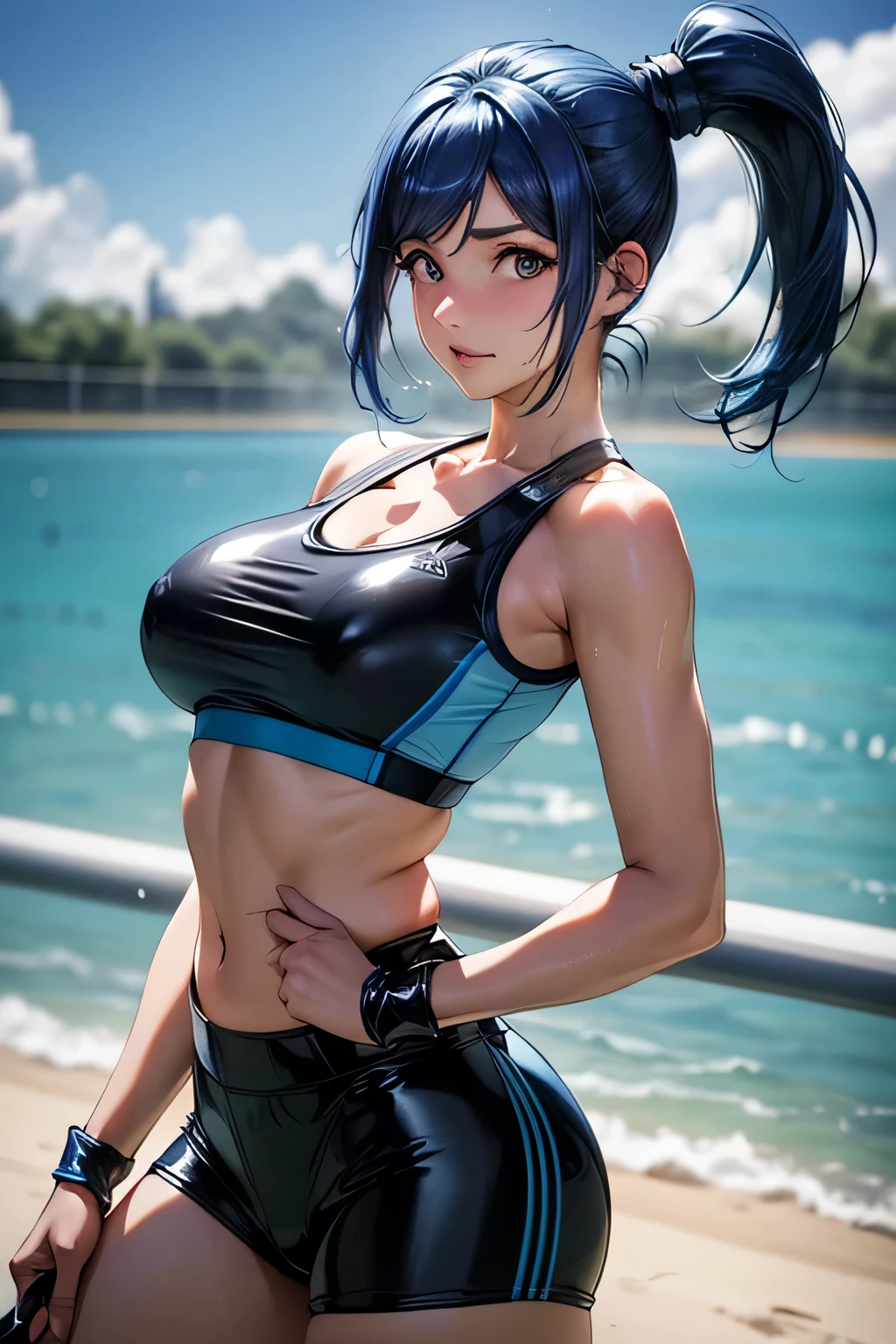  perfect anatomy　 best quality, highest resolution,(((latex blue sports bra　 latex spats 　 blue hair　 ponytail　sweat)))　Love Live!！Sunshine!!　Matsuura Kanan 