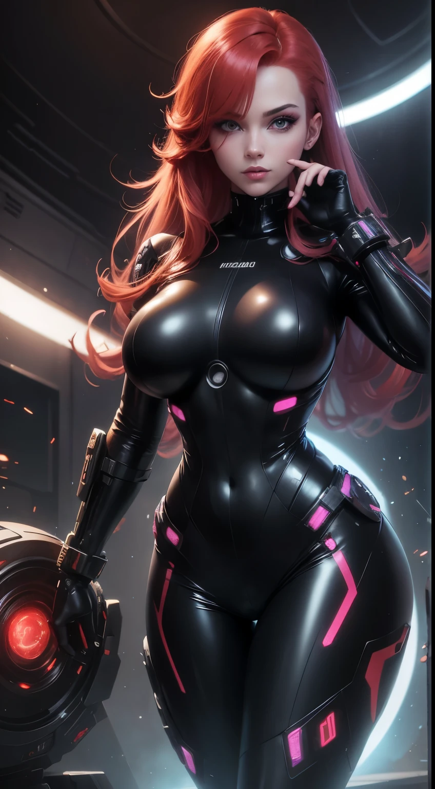 1girl,Future technology clothing，(huge breast:1.9)(slim thick)(thick tights)（Red latex tights：1.3），（Luminous array lights on clothes），Soft light，Mechanical belt，（high-tech weapon：1.3），Future technology hair bundle，Android，Super Soldier，dynamic poses，shooting，Holographic screen background，Super stunning graphics，super wide shot，best quality，masterpiece，8k，Unreal 5 rendering，High chiaroscuro，