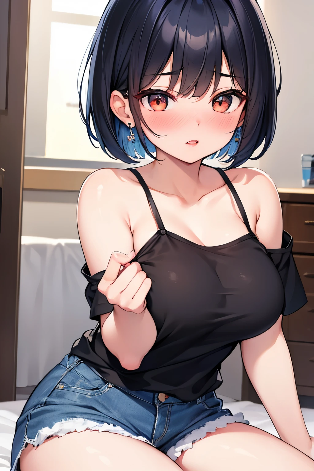 (Highly detailed CG Unity 8k wallpaper),(masterpiece), (highest quality), (Super detailed), (Best illustrations),(Best Shadow), A girl with short black hair, a big blue ribbon headband, and big breasts　Ahegao（Hearts in the eyes）The expression of feeling　I can see the whole body naked　Arching her back and squirting from her crotch（Sit with legs spread and insert dildo）