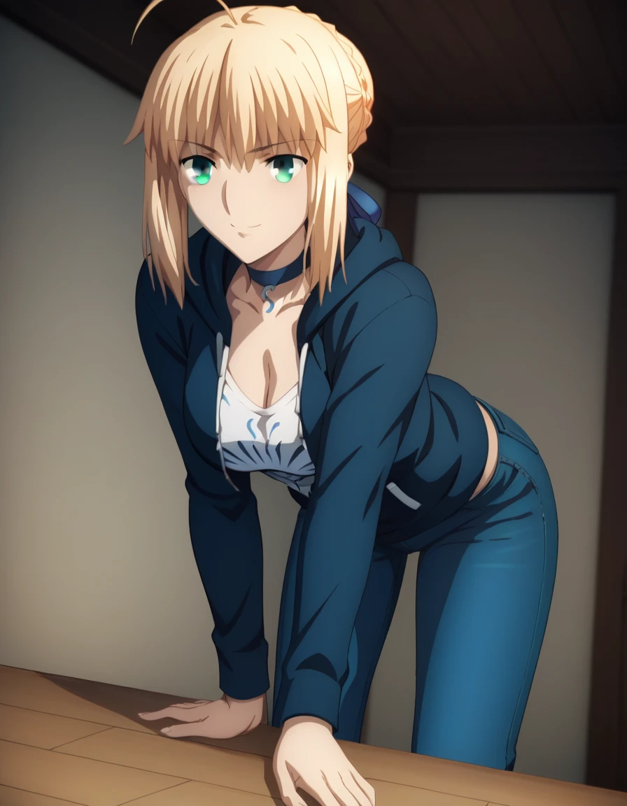 Highest quality, official style, very aesthetic, score_8_up, score_9_up, score_7_up, High Resolution, 1 girl, artoria pendragon, artoria pendragon \(fate\), saber, blonde hair, green eyes, ahoge, sidelocks, official art, black hoodie, white shirt, jeans, choker, masterpiece, high details, high quality, super detail, best quality, cleavage, bent over, leaning forward, seductive smile, seductive, bedroom eyes,