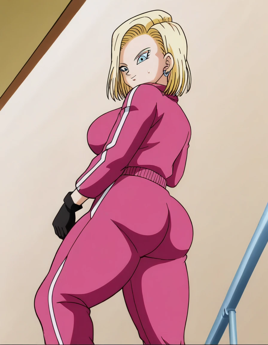 source_anime, score_9, score_8_above, score_7_above, anime screencap,
  detailed face gloves, Android 18, saboveertop, 1 , Alone,  looking at the viewer ,  short hair, blue eyes, Blonde hair,  Big breasts , collarbone, Room, running jacket, pink jacket, sweatpants, pink pants, standing, ((bottom view)), curves, beautiful legs, ((crouched)), of coasts,  taking the butt angle, Simple clouds ,  simple sidewalk ,  best quality , No flaws,  big ass, sexy bundle,  thick legs ,   wide hips,
