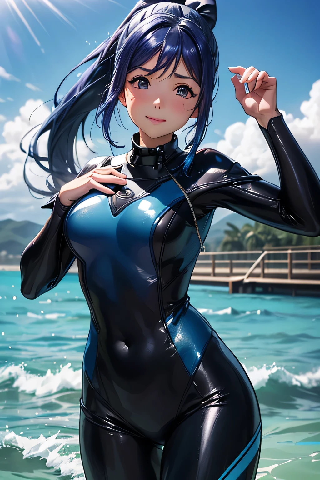  perfect anatomy　 best quality, highest resolution,(((Shiny wetsuit　 blue hair　 ponytail　sweat)))　Love Live!！Sunshine!!　Matsuura Kanan 　scuba diving　In the sea