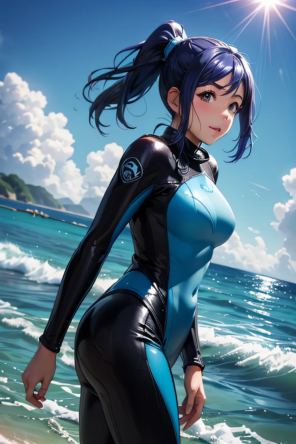  perfect anatomy　 best quality, highest resolution,(((Shiny wetsuit　 blue hair　 ponytail　sweat)))　Love Live!！Sunshine!!　Matsuura Kanan 　scuba diving　In the sea