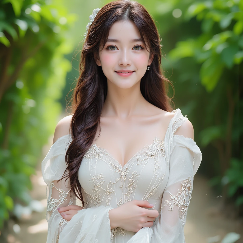 A hyper-realistic portrait of an elegant East-Asian woman with flowing, softly curled brown hair that frames her face beautifully. She stands outdoors, surrounded by lush green foliage, her radiant smile exuding warmth and grace. Her flawless porcelain skin glows under natural sunlight, while her almond-shaped eyes are highlighted by minimal, natural makeup.

She wears a stunning white Victorian-inspired gown, adorned with intricate embroidery that features delicate floral and lace-like motifs running along the bodice and sleeves. The luxurious white silk fabric flows gracefully, with an ethereal softness that complements her poised and serene expression. Draped elegantly around her arms is a sheer white silk scarf, adding an additional layer of refinement and texture to the composition. The intricate details of the embroidery shimmer subtly in the sunlight, emphasizing the gown’s opulence and timeless beauty.

The background is softly blurred, allowing the vibrant greenery to complement the subject without distraction. The natural lighting enhances the silk's smooth texture and the embroidery's exquisite craftsmanship, creating a harmonious and sophisticated atmosphere. The overall composition conveys a sense of elegance, purity, and understated luxury, with every detail designed to highlight her serene beauty and the timeless appeal of her attire.