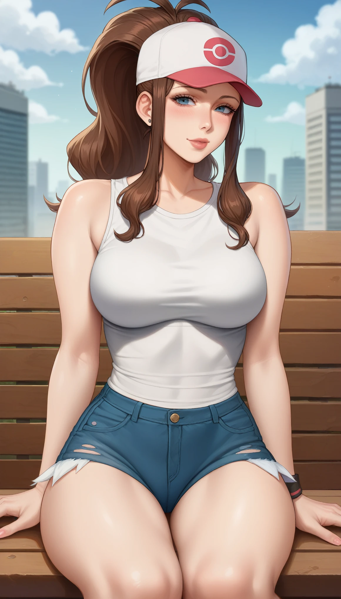 portrait of a woman in the style Sciamano240, Hilda, hotpants, cap, ponytail, tight white shirt, sleeveless, mature, very large breasts, wide hips, slim body, thin legs, sexy, city, sitting on bench, pink handbag, horny, teasing face, horny face, breasts focus view,