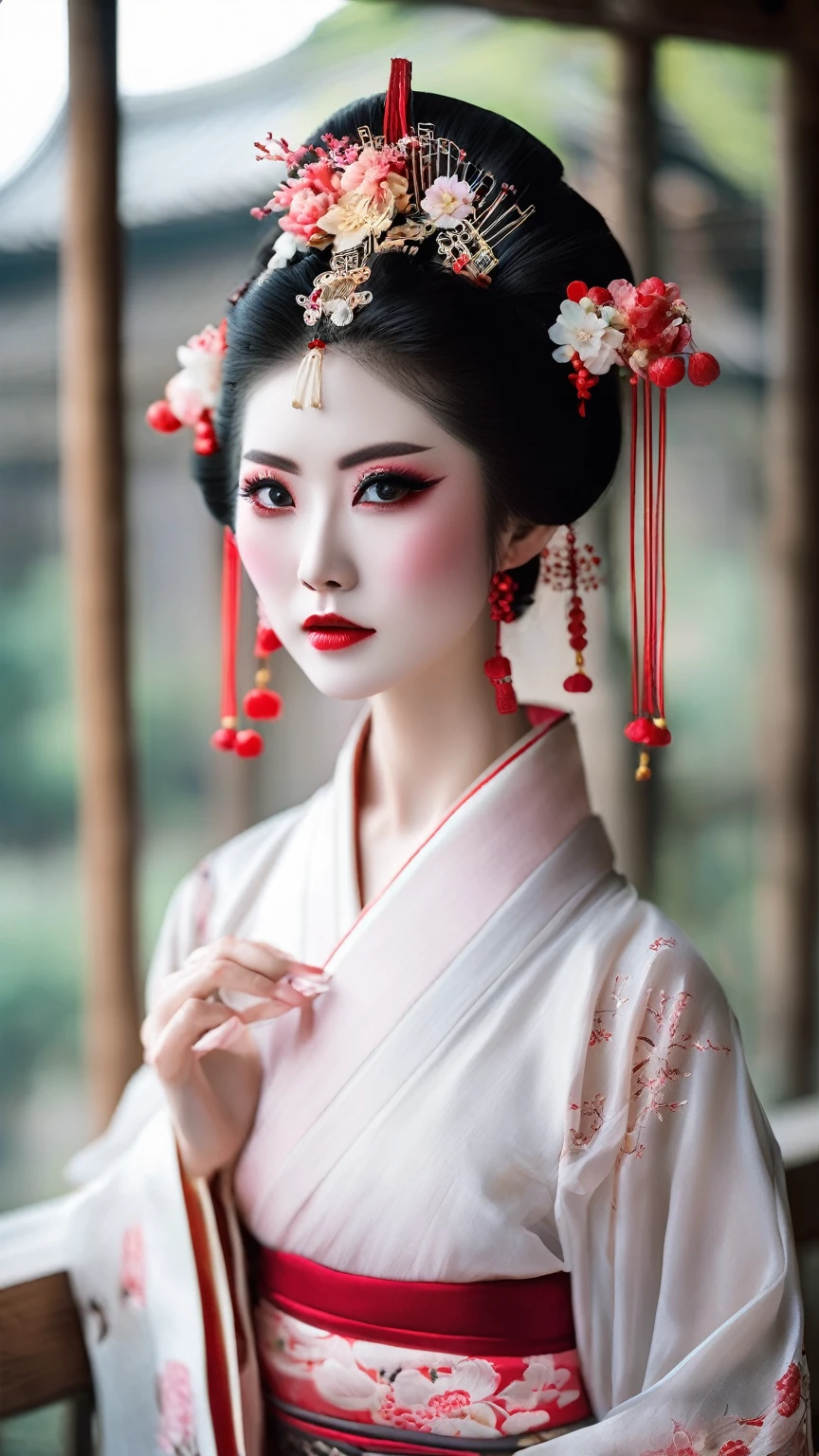 Chinese woman, tied up hair, translucent hanfu dress, huge tits, pale skin, big eyes, v-shape face, luscious lips, contour, geisha makeup