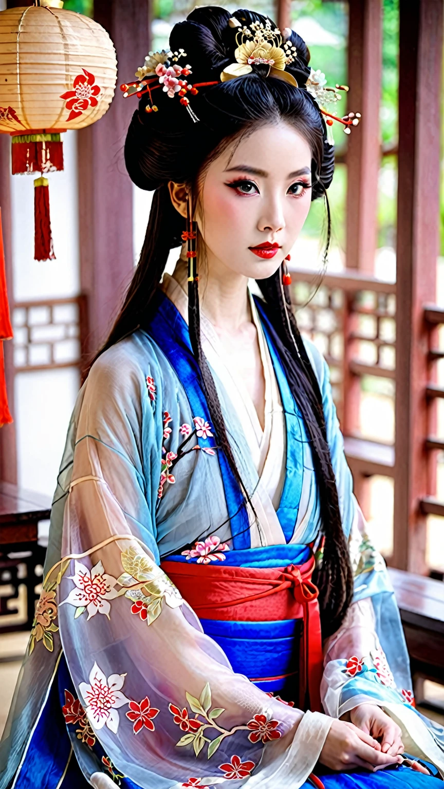 Chinese woman, tied up hair, translucent hanfu dress, huge tits, pale skin, big eyes, v-shape face, luscious lips, contour, geisha makeup