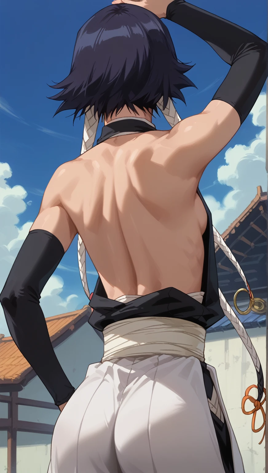 whole body、、     sweated、   、close-up、、、Soi Fon、 、Bleach、Bleach、Black Hair, 1girl, breasts, soifon, japanese clothes, sideboob, hip vent, detached sleeves, bare shoulders, small breasts, arms up,  seductive smile, seductive eyes, back view, back, sexy back, ass