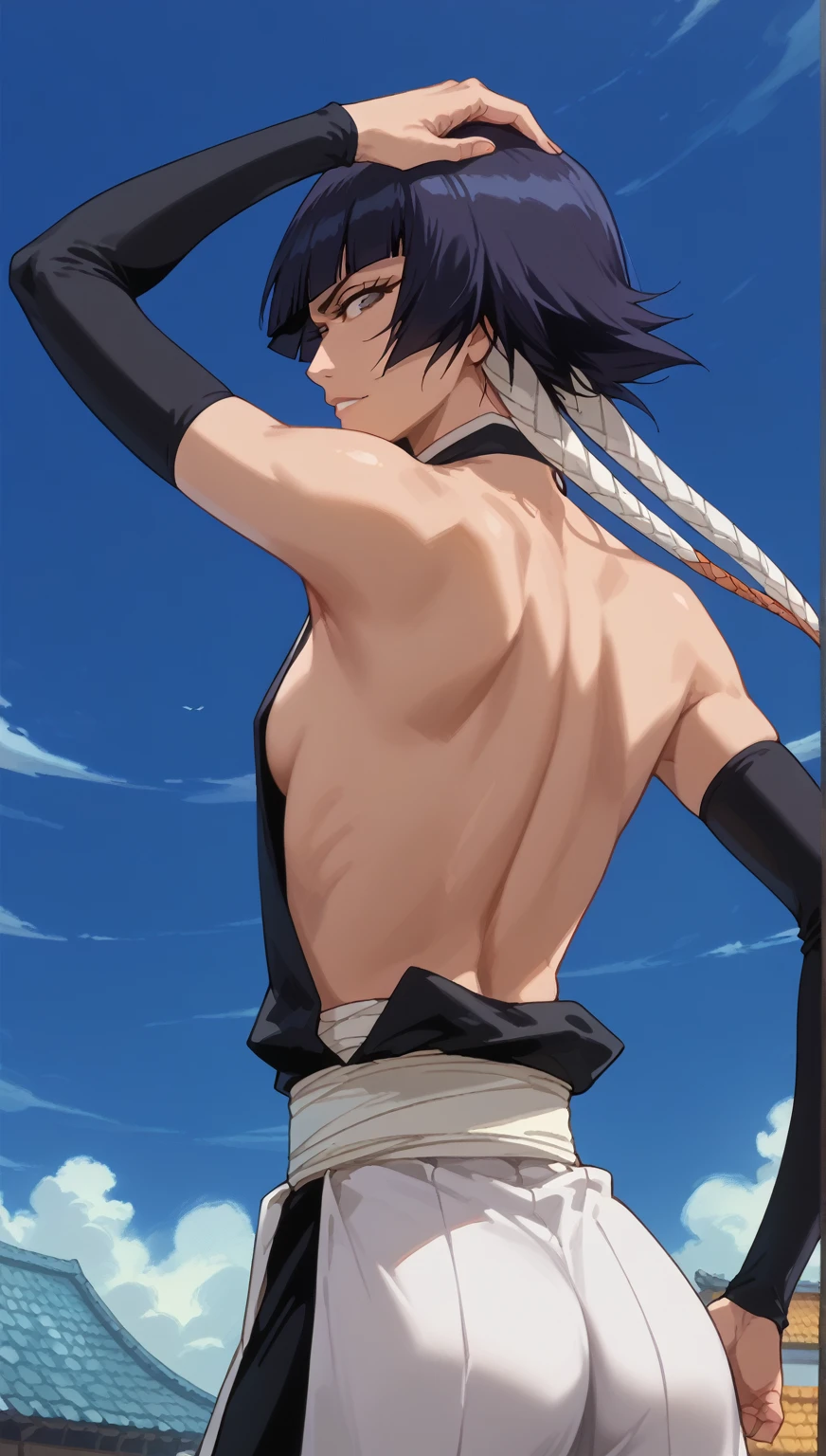 whole body、、     sweated、   、close-up、、、Soi Fon、 、Bleach、Bleach、Black Hair, 1girl, breasts, soifon, japanese clothes, sideboob, hip vent, detached sleeves, bare shoulders, small breasts, arms up,  seductive smile, seductive eyes, back view, back, sexy back, ass