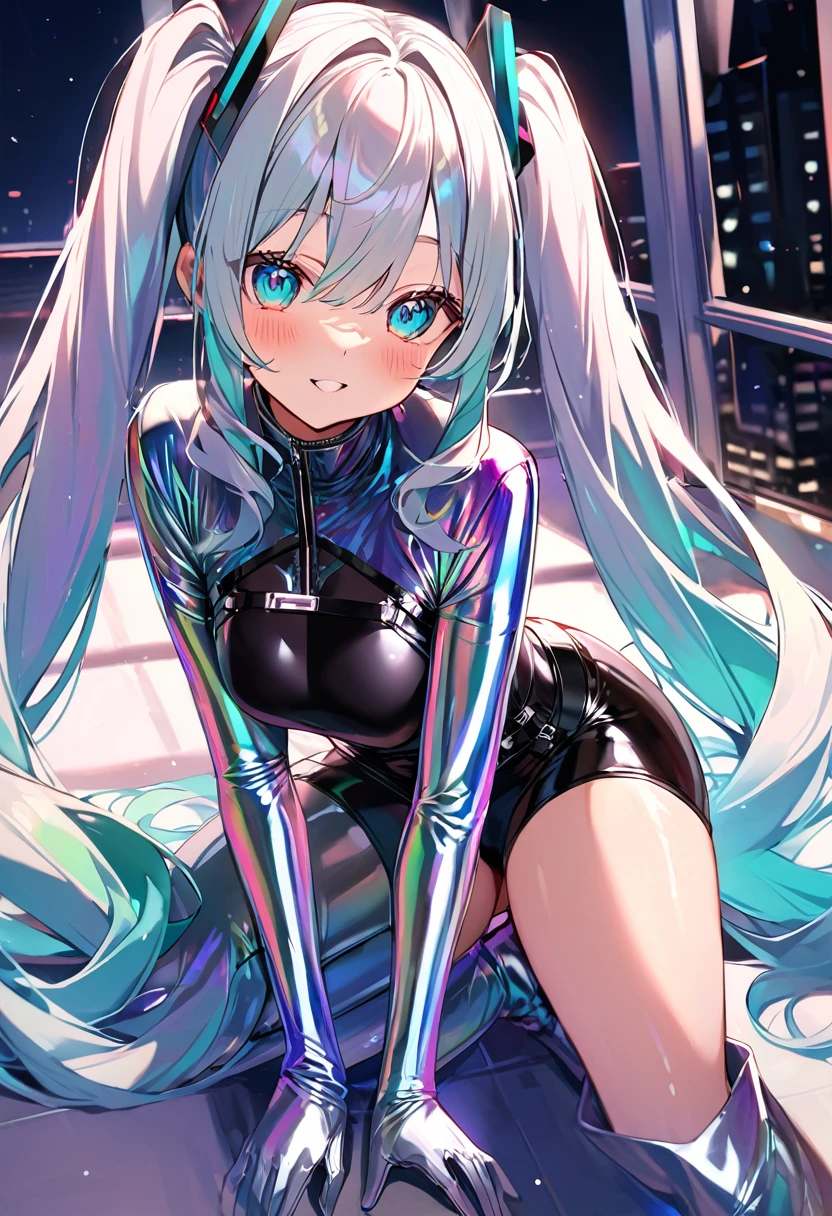 (hatsune miku:1.2), (metallic iridescent body suit, turtleneck, off shoulder, latex, highlegs, skin tight, tight:1.2), (body harness:1.4), (metallic iridescent long sleeves gloves, latex:1.4), (metallic iridescent knee high boots:1.4), (blush:1.4), (gleaming skin, shiny skin:1.4), (luxurious penthouse, indoor rooftop officeroom:1.4), (midnight:1.4),