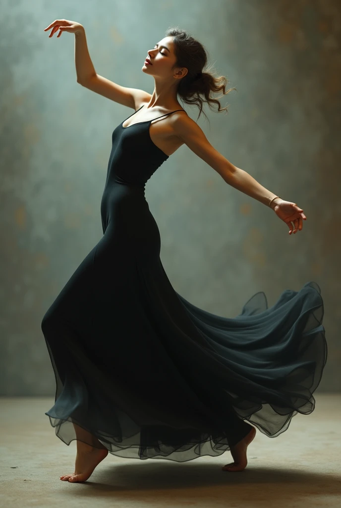 jeune femme blonde, longue robe noir, dance salsa, mouvement, arrière plan salle de cours de dance, pose normale, mannequin, gros seins, corps parfait, queue de cheval, cheveux ondulés