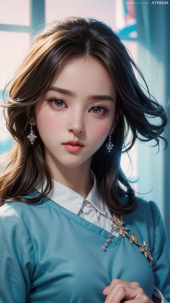 (masterpiece), ( top notch ), ( high quality detail ), (illustration), (1 woman),  are watching viewers, (Interview),  beautiful detailed eyes ,  delicate and beautiful face , Floating , (Highly saturated ), (shining),  blue sky, Bright and beautiful face,  Her skin is young, radiant, , 공정하고 shining, Best appearance , Very beautiful,  big eyes shine with clear sky blue light,  beautiful and amazing beautiful girl ,