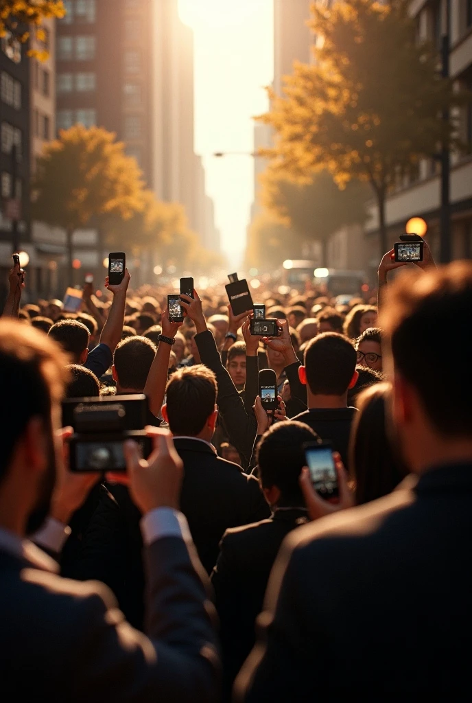 a crowd of people around a giant smartphone looking up