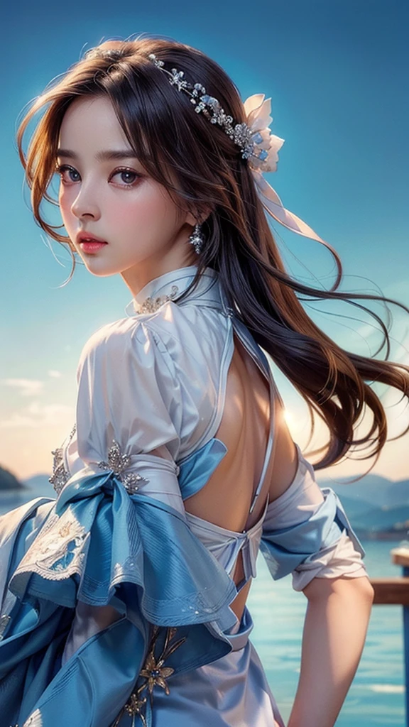 (masterpiece), ( top notch ), ( high quality detail ), (illustration), (1 woman),  are watching viewers, (Interview),  beautiful detailed eyes ,  delicate and beautiful face , Floating , (Highly saturated ), (shining),  blue sky, Bright and beautiful face,  Her skin is young, radiant, , 공정하고 shining, Best appearance , Very beautiful,  big eyes shine with clear sky blue light,  beautiful and amazing beautiful girl ,