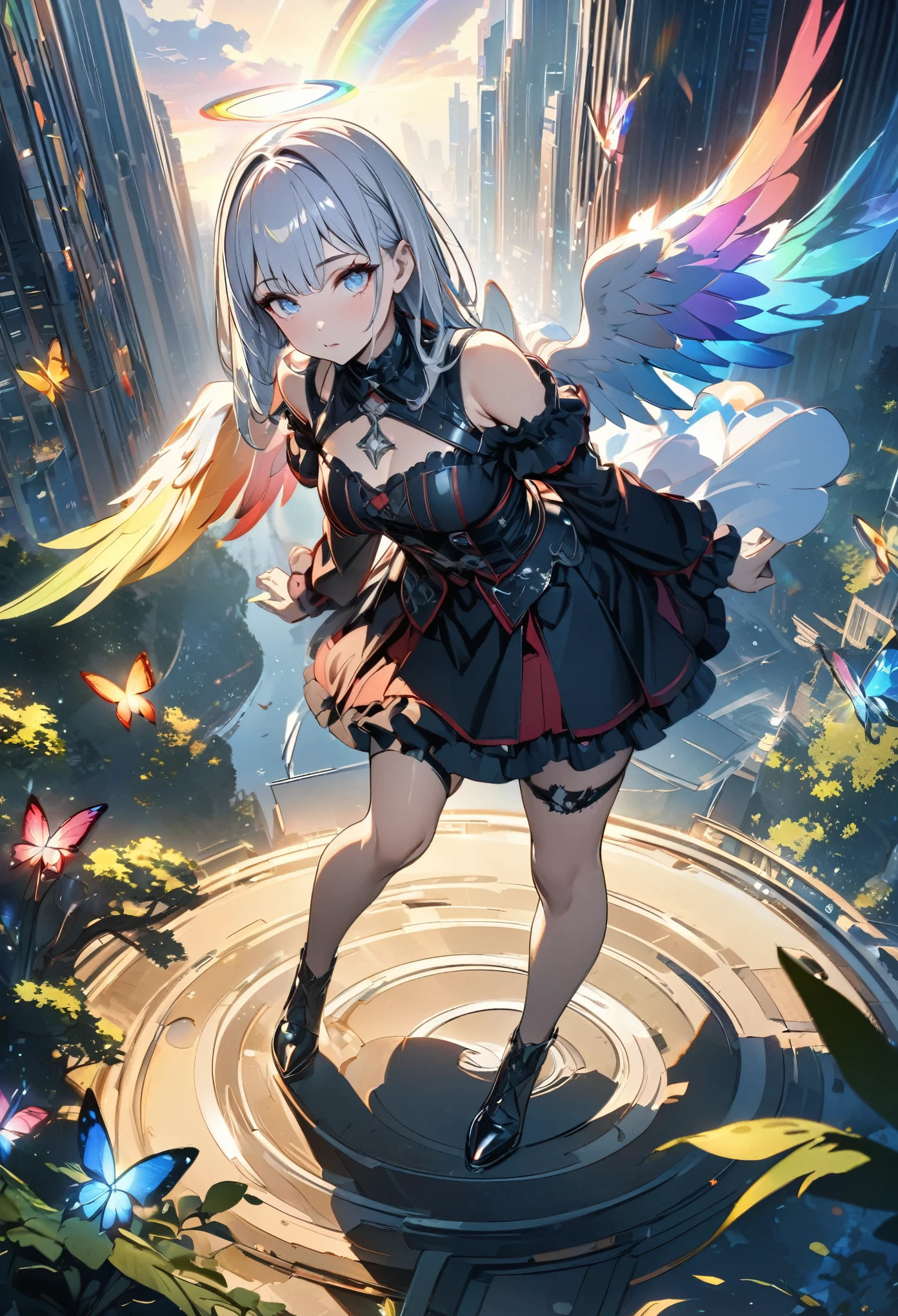 (masterpiece,  best quality :1.2,UHD,High Resolution、Detailed depiction)、A beautiful angel 、Red lipstick、 beautiful eyes、 Silver Hair、Gothic Costume、 is looking at the earth from above the clouds、Skyscraper、 dynamic lighting、Golden Time 、Circle of Light、in a deserted forest where there is a single sacred tree、Rainbow Butterfly、Round Earth、 fantastic lighting 、fantastic light vortex 