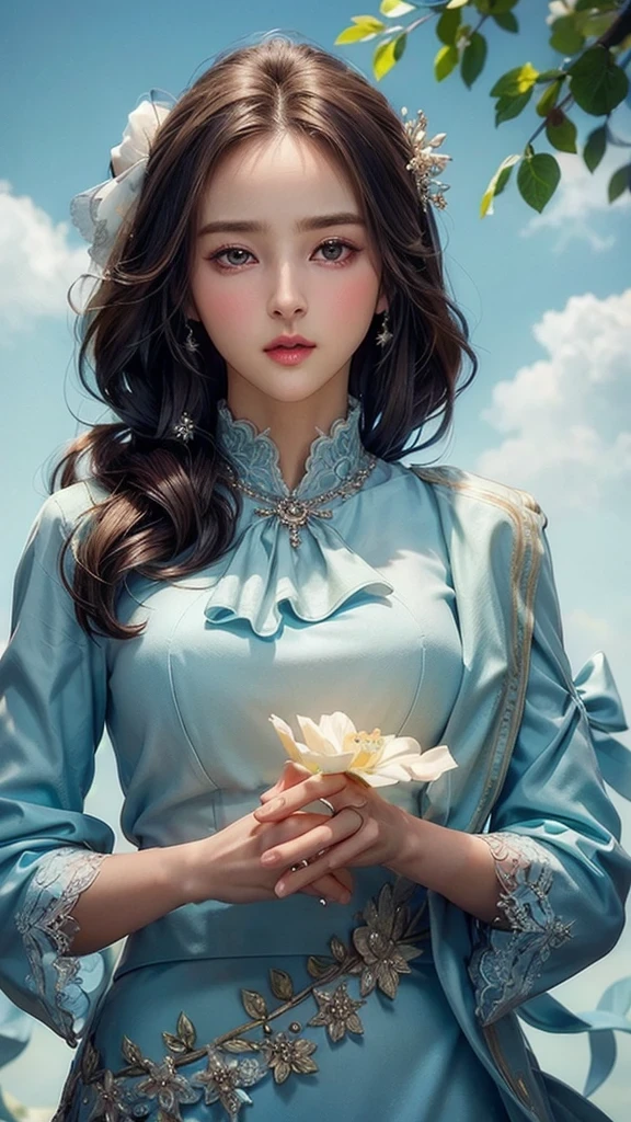 (masterpiece), ( top notch ), ( high quality detail ), (illustration), (1 woman), are watching viewers, (Interview), beautiful detailed eyes , delicate and beautiful face , Floating , (Highly saturated ), (shining), blue sky, Bright and beautiful face, Her skin is young, radiant, , 공정하고 shining, Best appearance , Very beautiful, big eyes shine with clear sky blue light, beautiful and amazing beautiful girl ,