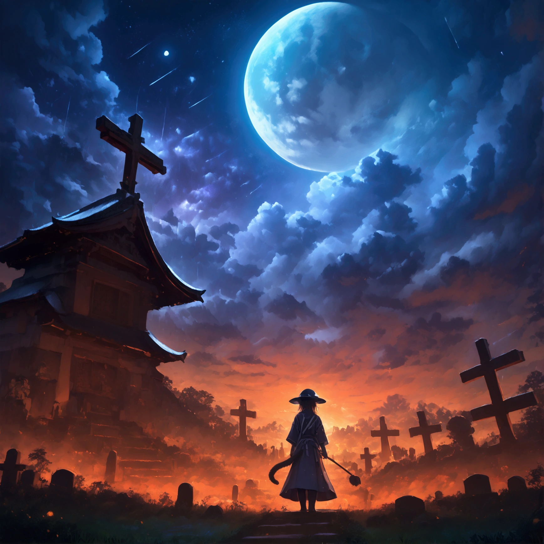 ,solo,1girl\(gray cat kemono girl,Rōnin uniform,Rōnin,ronin,wearing kasa hat,eye color cosmic,standing,(full body:1.4),from side,breast\),background\(at japanese cemetery, raining,very dark,a blue small moon in the sky,hevy clouds\),, BREAK ,quality\(masterpiece, best quality,8k,wallpaper of extremely detailed CG unit, high resolution, top-quality, top-quality real texture skin, hyper realistic, increase the resolution, RAW photos, best quality, highly detailed, the wallpaper,golden ratio,high saturation realism, vibrant colors, dramatic lighting, persuasive storytelling, atmospheric scenery, captivating visuals, intricate details, strong emotions,dreamlike world\),