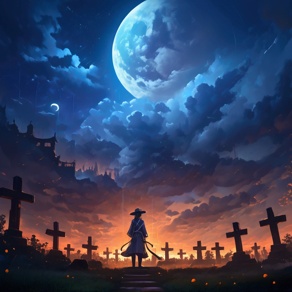 ,solo,1girl\(gray cat kemono girl,Rōnin uniform,Rōnin,ronin,wearing kasa hat,eye color cosmic,standing,(full body:1.4),from side,breast\),background\(at japanese cemetery, raining,very dark,a blue small moon in the sky,hevy clouds\),, BREAK ,quality\(masterpiece, best quality,8k,wallpaper of extremely detailed CG unit, high resolution, top-quality, top-quality real texture skin, hyper realistic, increase the resolution, RAW photos, best quality, highly detailed, the wallpaper,golden ratio,high saturation realism, vibrant colors, dramatic lighting, persuasive storytelling, atmospheric scenery, captivating visuals, intricate details, strong emotions,dreamlike world\),