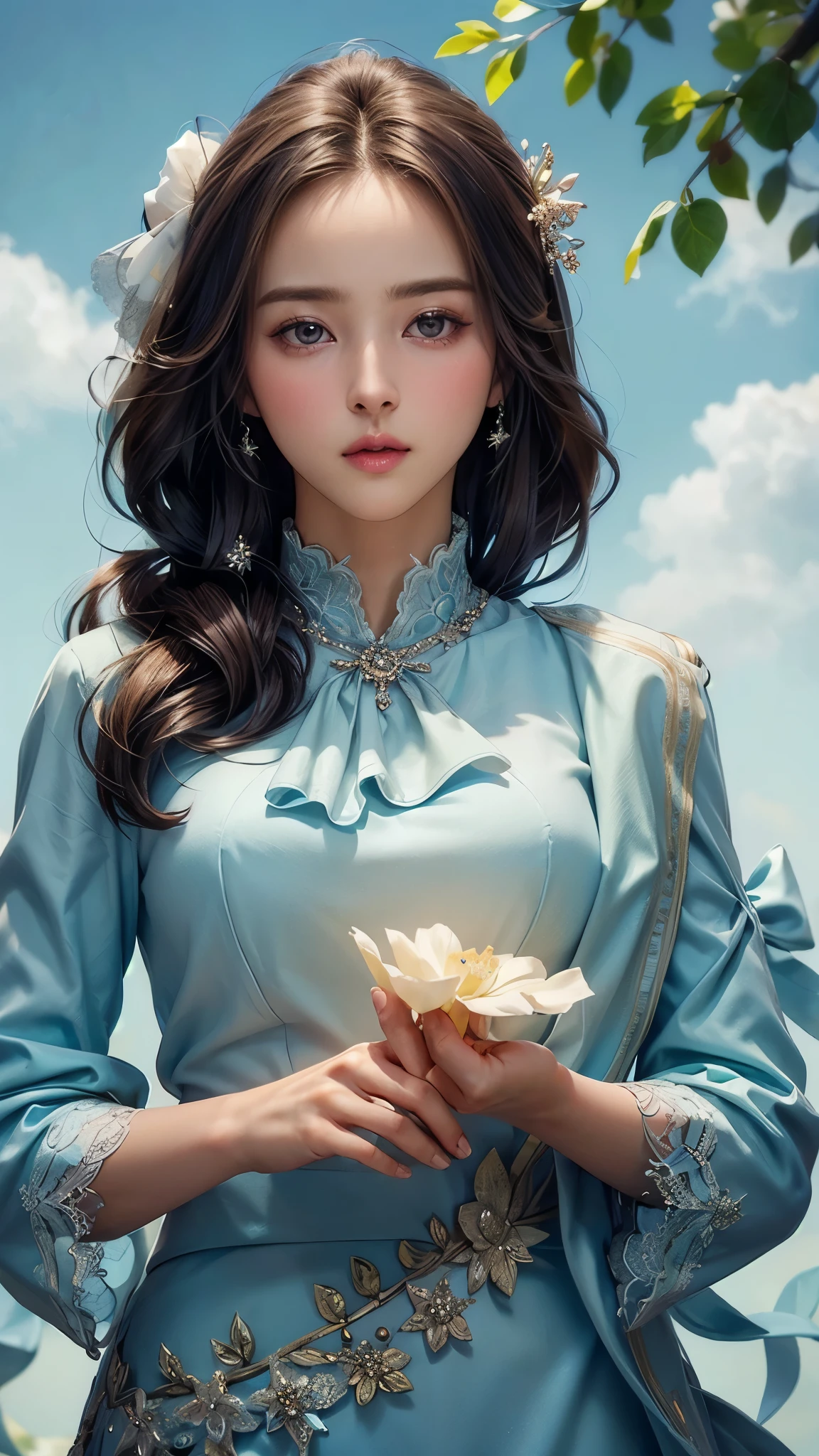 (masterpiece), ( top notch ), ( high quality detail ), (illustration), (1 woman),  are watching viewers, (Interview),  beautiful detailed eyes ,  delicate and beautiful face , Floating , (Highly saturated ), (shining),  blue sky, Bright and beautiful face,  Her skin is young, radiant, , 공정하고 shining, Best appearance , Very beautiful,  big eyes shine with clear sky blue light,  beautiful and amazing beautiful girl ,