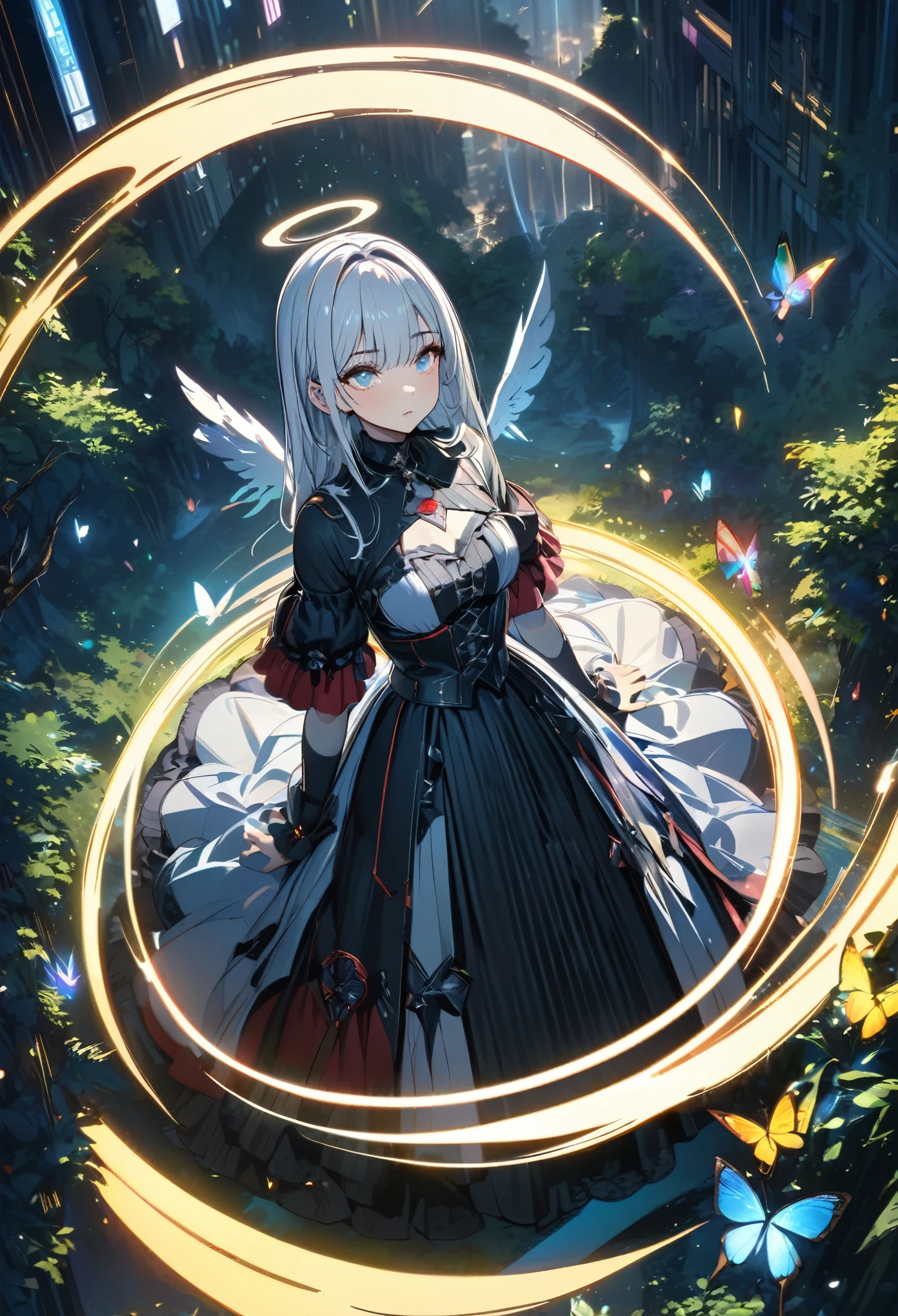 Anime girl in a black dress with a white angel wings - SeaArt AI