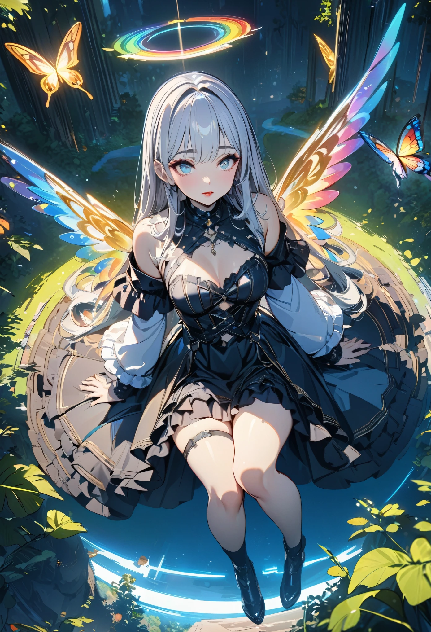 (masterpiece,  best quality :1.2,UHD,High Resolution、Detailed depiction)、A beautiful angel 、Red lipstick、 beautiful eyes、 Silver Hair、Gothic Costume、Looking at the ground from above the clouds、Skyscraper、 dynamic lighting、Golden Time 、Circle of Light、in a deserted forest where there is a single sacred tree、Rainbow Butterfly、Round Earth、 fantastic lighting 、fantastic light vortex 