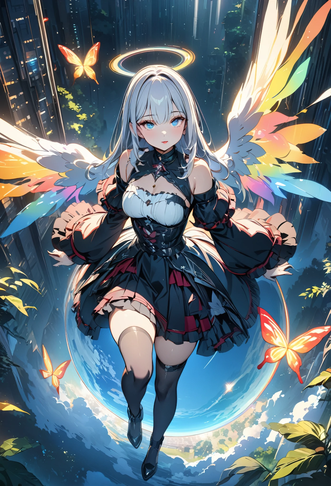 (masterpiece,  best quality :1.2,UHD,High Resolution、Detailed depiction)、A beautiful angel 、Red lipstick、 beautiful eyes、 Silver Hair、Gothic Costume、Looking at the ground from above the clouds、Skyscraper、 dynamic lighting、Golden Time 、Circle of Light、in a deserted forest where there is a single sacred tree、Rainbow Butterfly、Round Earth、 fantastic lighting 、fantastic light vortex 