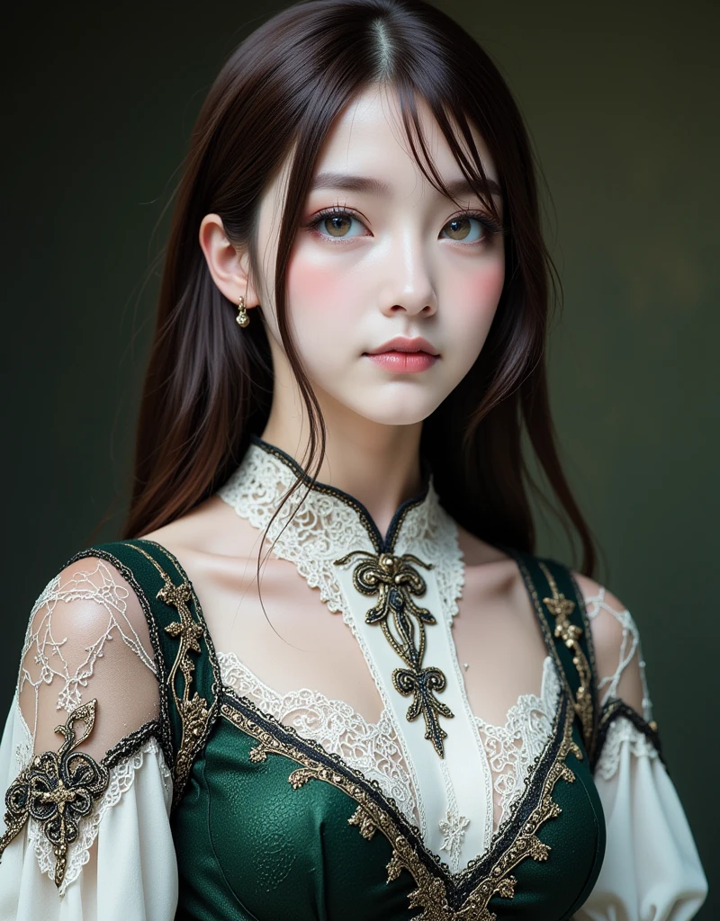 A hyper-realistic portrait of an elegant East-Asian woman with smooth, flowing straight brown hair cascading naturally over her shoulders. She gazes softly at the viewer with large, almond-shaped eyes that exude warmth and charm. Her flawless porcelain skin glows under soft, natural lighting, while her subtle makeup highlights her delicate features, including a gentle pink tint on her lips.

She wears a stunning, intricately designed Gothic-inspired dress. The white blouse features elaborate lace details on the collar and sleeves, with ornate Gothic embroidery in black and silver weaving floral and geometric motifs across the fabric. The deep green dress, layered over the blouse, is adorned with richly detailed Gothic patterns embroidered in gold and dark metallic threads, creating a striking contrast. The embroidery extends from the bodice to the flowing skirt, with intricate vine and fleur-de-lis designs that shimmer subtly in the light. The sheer accents on the shoulders now include Gothic lace panels, enhancing the mysterious and dramatic aesthetic.