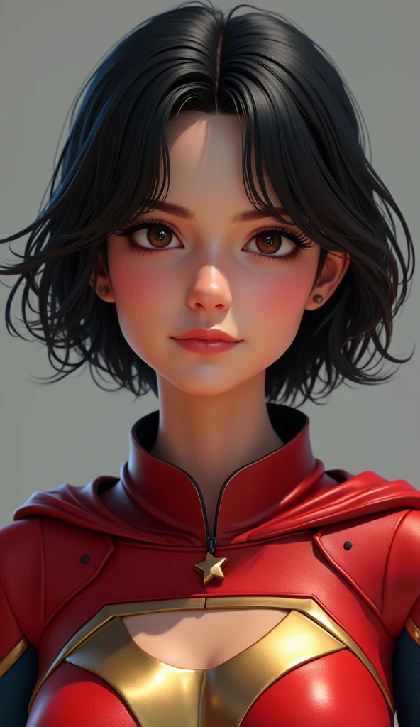 Full body, perfect face, big green eyes, laugthing , fighting pose, muscular female, Dinamic pose, Character sheet, pale skin, black latex clothes, small boobs, hair band, curly hair, very short hair, red superhero cape, facial expresions, black hair, ponytailhair, multiple angles, perspective, multiples images.