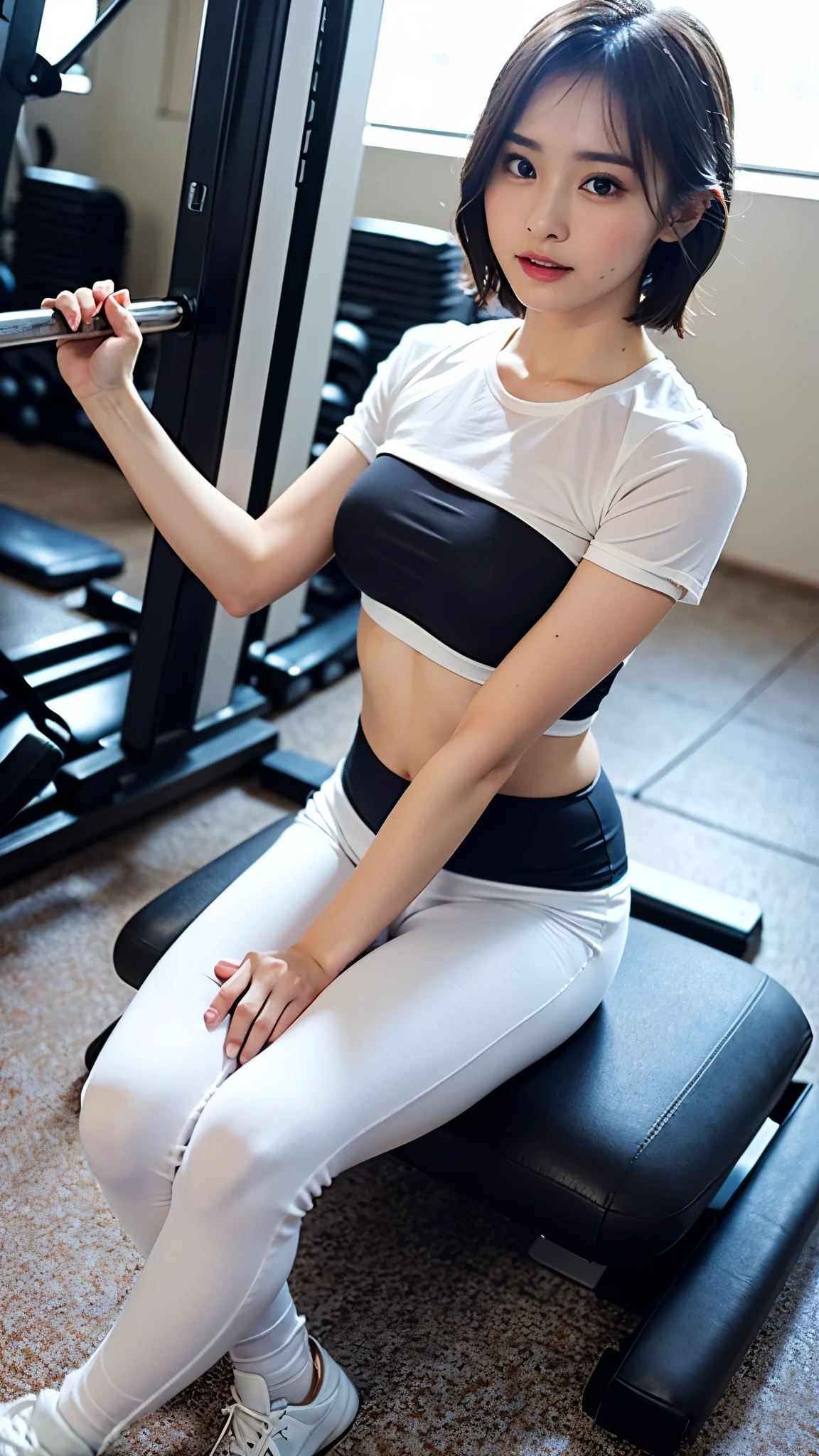 RAW photo, 1 girl, incredibly absurd, 25 years old, beautiful girl, (cute), (short hair), photo shoot, realistic, Depth of the bounds written, High resolution, Super detailed, delicate, very detailed, highly detailed eyes and face, sharp pupils, Realistic Lady, Sports gym uniform, White color leggings pants, sharp focus, dark Natural lighting, Eye and face details, cowboy shot full body, (wind lift), cameltoe, (Sit on a training gym training machine with knees up:1.5), stare, Big breasts that are about to burst, Close-up, perfect body, Looking up from the feet, (perspiration:1.2), Pleasure