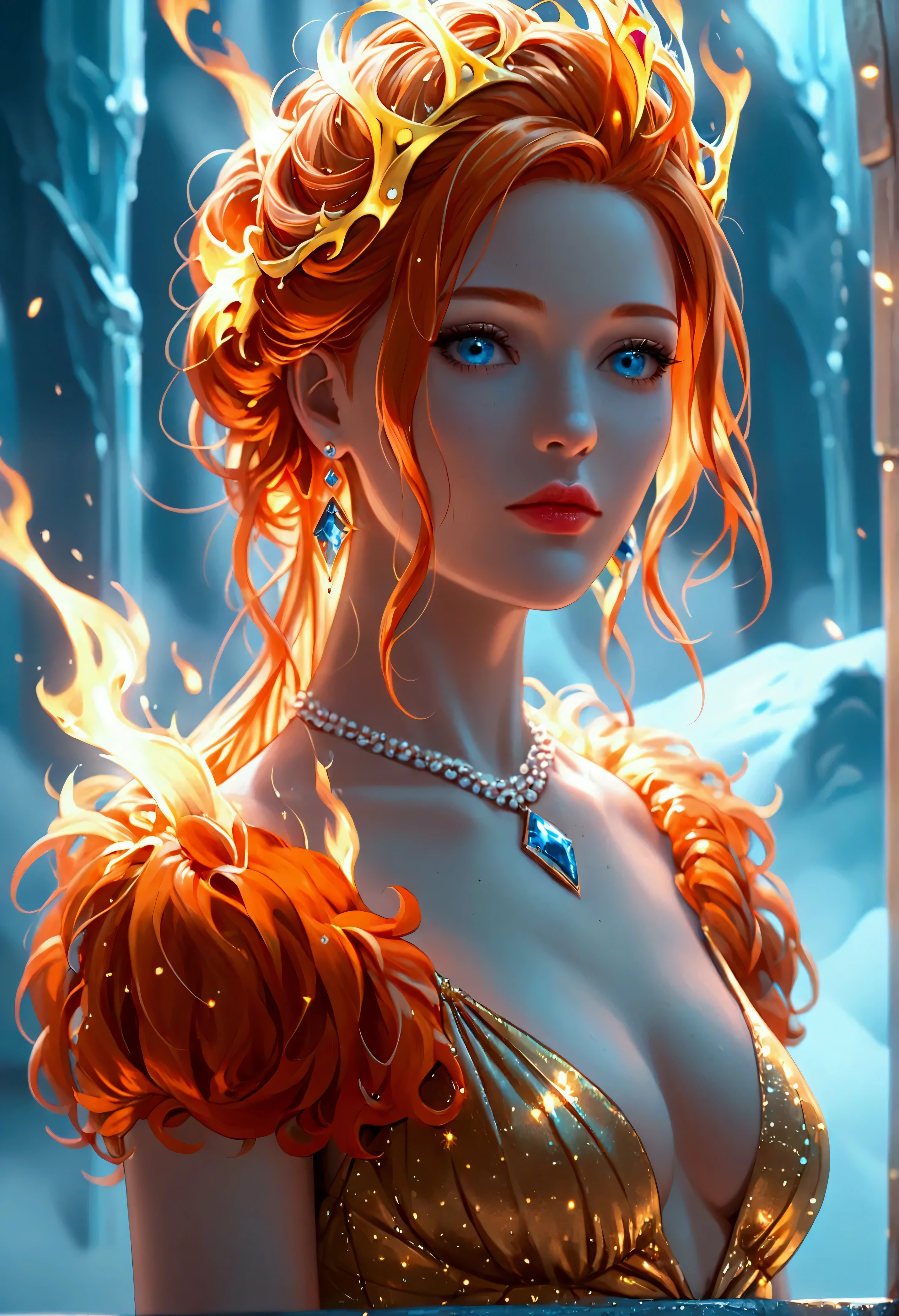 score_9, score_8_up, score_7 a glamour picture shot, of an elite model covered in fire walking on a icy catwalk, an extraordinary glamourous elite female model, ((full body: 1.5)),  ((anatomically correct: 1.5), (ultra detailed face: 1.2), best detailed face, orange hair, long hair, lush hair, glam hair cut, blue eyes, delicate face, light make up, wearing intricate detailed dress, glamour dress, haute couture dress, elite fashion dress, FireMagicAI,  small cleavage, wearing high heels, elegant high heels, she wears diamond necklace, she is covered in fire, she walks on an icy catwalk, image reflecting in the ice IceMagicAI, elite fashion show background, vibrant, Hyperrealism style, vibrant, Ultra-high resolution, High Contrast, (masterpiece:1.5), highest quality, Best aesthetics), best details, best quality, highres, ultra wide angle, 16k, [ultra detailed], masterpiece, best quality, (extremely detailed) RAW, FireMagicAI, IceMagicAI, Dark Art Painting Style