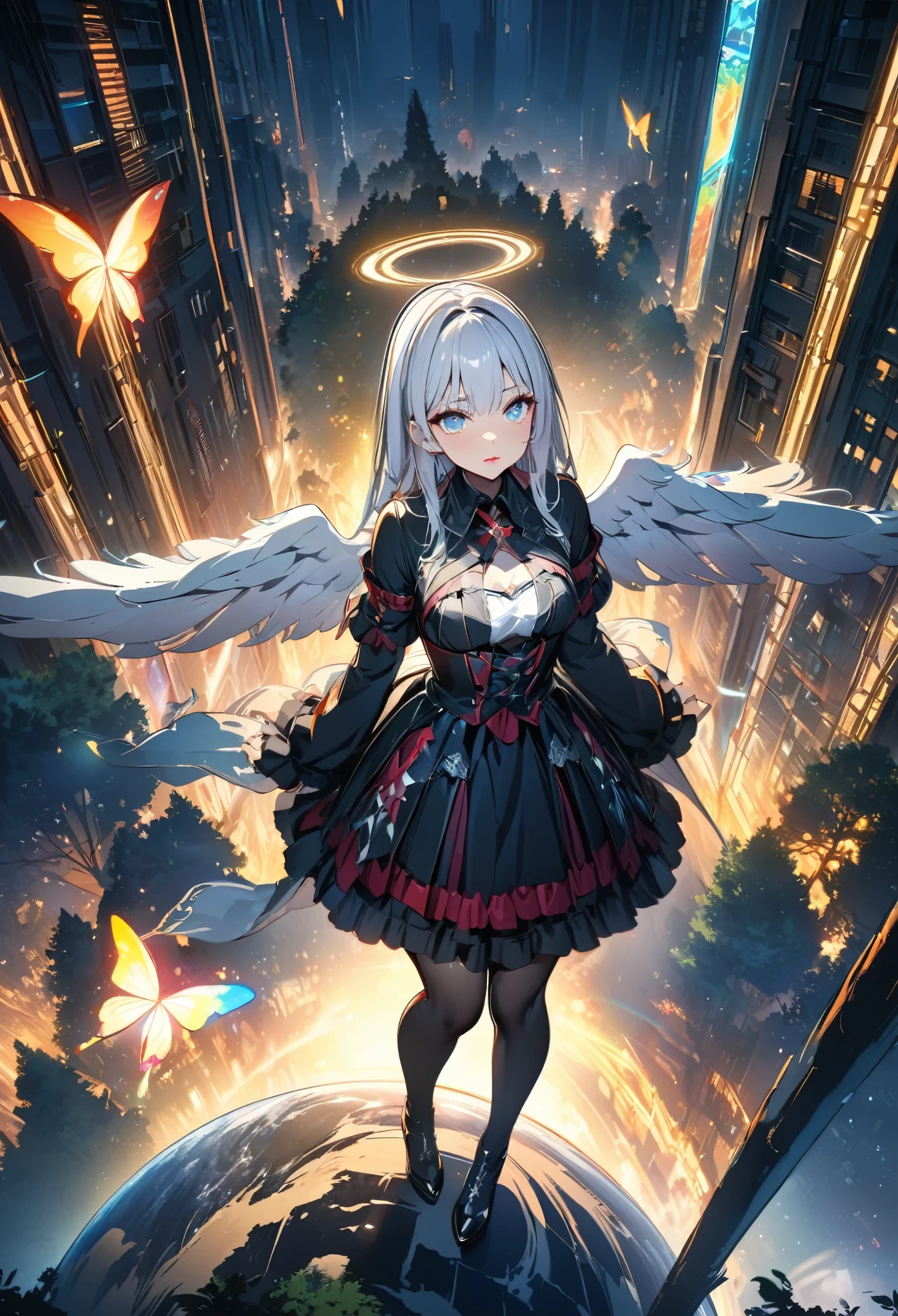 (masterpiece,  best quality :1.2,UHD,High Resolution、Detailed depiction)、A beautiful angel 、Red lipstick、 beautiful eyes、 Silver Hair、Gothic Costume、 is looking at the earth from above the clouds、Skyscraper、 dynamic lighting、Golden Time 、Circle of Light、in a deserted forest where there is a single sacred tree、Rainbow Butterfly、Round Earth、 fantastic lighting 、fantastic light vortex 