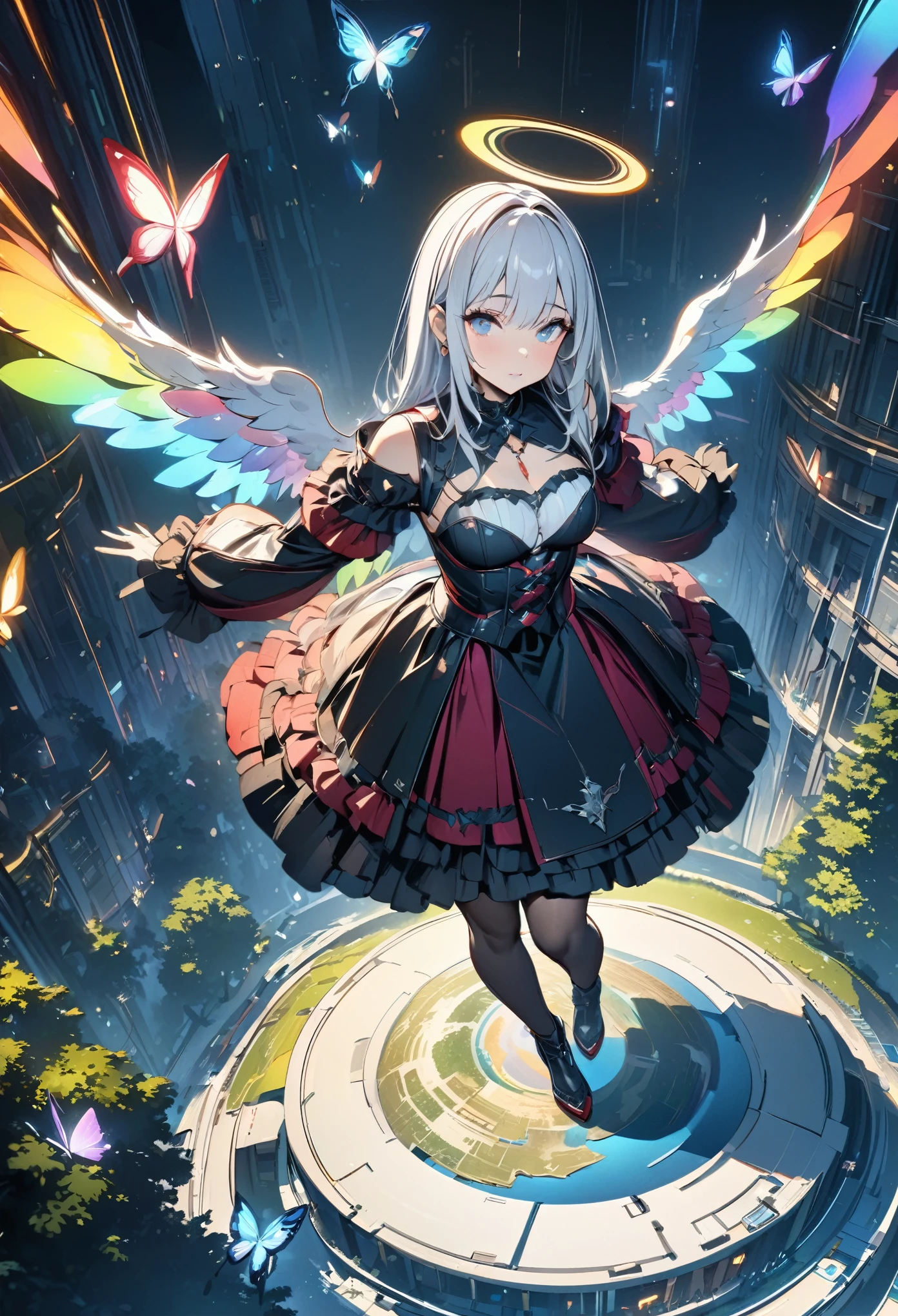 (masterpiece,  best quality :1.2,UHD,High Resolution、Detailed depiction)、A beautiful angel 、Red lipstick、 beautiful eyes、 Silver Hair、Gothic Costume、 is looking at the earth from above the clouds、Skyscraper、 dynamic lighting、Golden Time 、Circle of Light、in a deserted forest where there is a single sacred tree、Rainbow Butterfly、Round Earth、 fantastic lighting 、fantastic light vortex 