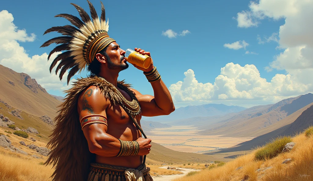 I want a fit middle aged igorot native guy holding a gangsa on the right hand and a big beer on his left hand and at the background i want it to be mountains of baguio city for a pub logo