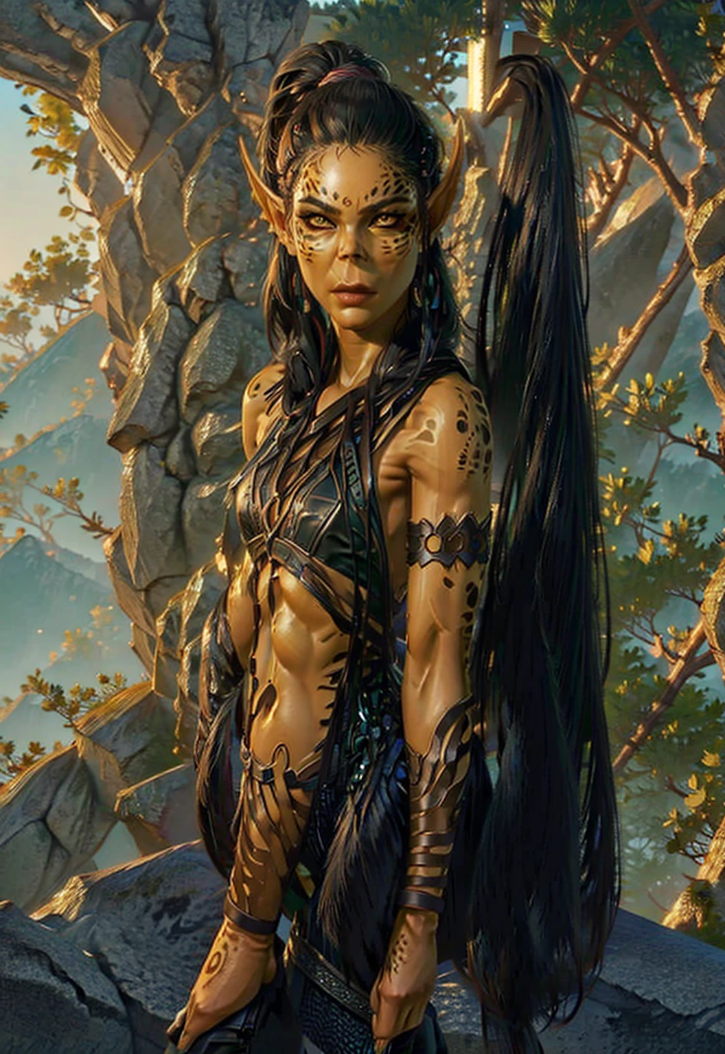 1girl, sexy githyanki, (green skin:1.22), black hair, ponytail, orange eyes, pointy ears, black leather pants, black hoodie, athletic, in the forest, highly detailed face and eyes, sunlight, symetrical face,  midday, best quality, masterpiece, realistic, anatomically correct, stunning details, intricate details, 8k post-production, high resolution, super details, sharp focus, depth of field f/1.8, studio photos