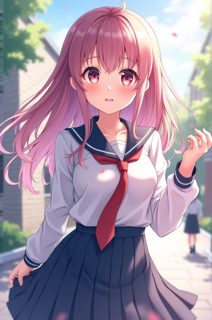 (masterpiece, best quality:1.2), <lyco:hinakonote_sakuragihinako-10:0.8>, <lyco:concept_handonownarm-11:1.0>, solo, 1girl, sakuragi hinako, parted lips, looking at viewer, hand on own arm, bangs, low twintails, hair ornament, school uniform, serafuku, skirt