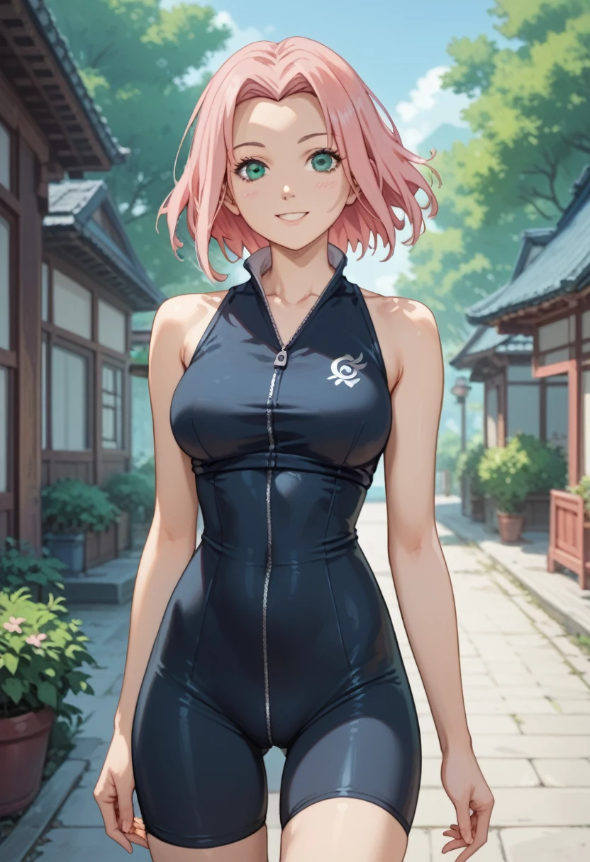 1girl, looking at the viewer, smile, mature woman, thin waist, very very thin waist, very slim body, very slender body, petite body, slim thighs and waist. sakura haruno, medium hair, green eyes, pink hair, parted bangs, dress, bare shoulders, collarbone, sleeveless, sleeveless dress, zipper, black bike shorts, skin tight, teen, forehead protector, leaning forwards, 