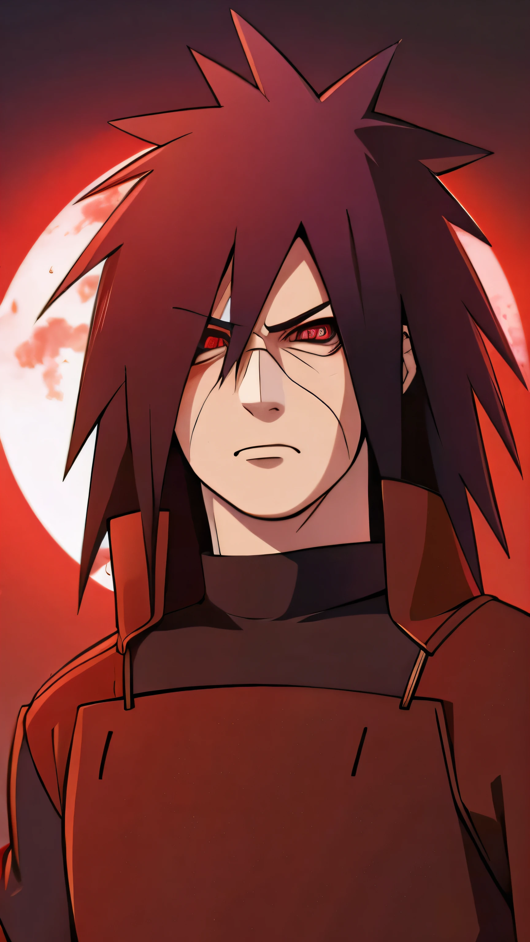 Epic, Masterpiece, Madara Uchiha from anime series, (half body portrait), with full red moon behind him