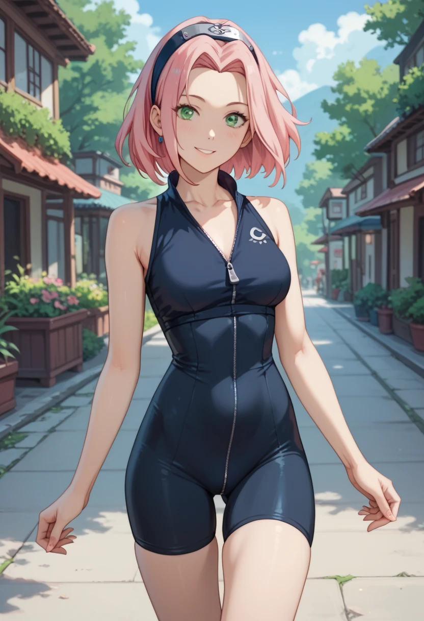 1girl, teen, looking at the viewer, smile, mature woman, thin waist, very very thin waist, very slim body, very slender body, petite body, slim thighs and waist. sakura haruno, medium hair, green eyes, pink hair, parted bangs, dress, bare shoulders, collarbone, sleeveless, sleeveless dress, zipper, black bike shorts, skin tight, teen, forehead protector, leaning forwards,