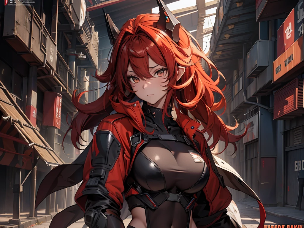 A lone mature girl, Leg long Burning Red hair, , Brown eyes, cat eyes, Beautiful face, masterpiece, best quality, expressive eyes, perfect face, forehead protector, long Black Twin Horn Head Gear, Big Anti-Tank Sniper Rifle, Exposed Navel, Black rubber skin tight suit, full leg black stocking, exposed chest , sci-fi city , High detail mature face, combat suit, high res, ultra sharp, She stands confidently in the center of the poster, Shooting pose, explosion effect, a determined expression on her face。The background is dark and gritty，There is a sense of danger and a strong feeling。The text is bold and eye-catching，With catchy slogans，Adds to the overall drama and excitement。The color palette is dominated by dark colors，Dotted with bright colorake the poster dynamic and visually strikinagazines:1.3), (Cover-style:1.3), Fashion, vibrant, Outfit, posing on a, Front, rich colorful，Background with，element in，self-assured，Expressing the，halter，statement，Attachment，A majestic，coil，Runt，Touching pubic area，Scenes，text，Cover of a，boldness，attention-grabbing，titleashion，typeface，，Best quality at best，Hyper-detailing，8K ，hyper HD