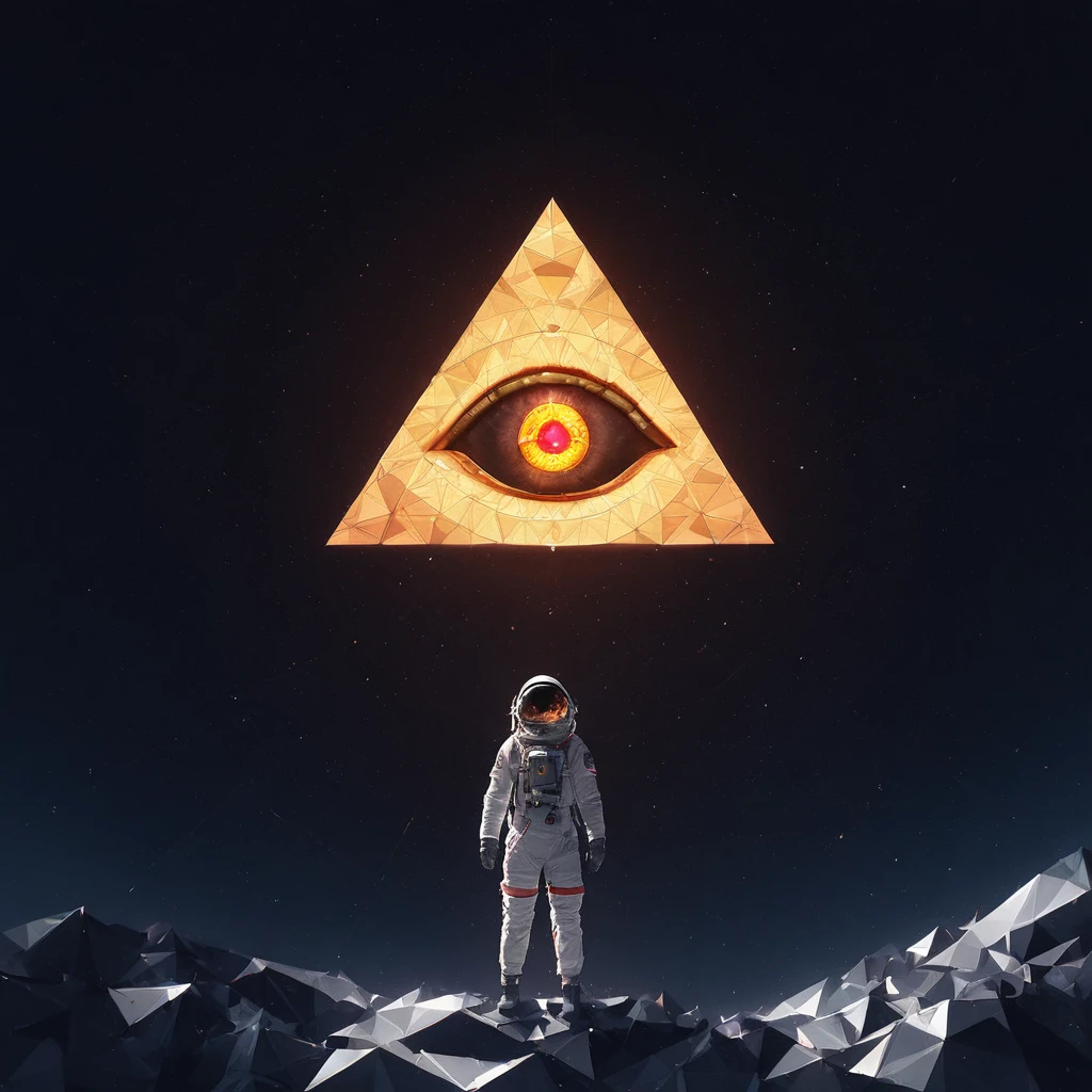 huge (Eye of Providence:1.4) in the sky,1boy\(astronaut, spacesuit, (from back:1.6), standing on asteroid, (astronaut looks so small from far away:1.8), looking up\),Eye of Providence\(so huge, (geometric:1.6),(baklit)\), BREAK ,background\(Eye of Providence in the sky, space, stars\), long shot, long view, low brightness, BREAK ,quality\(8k,wallpaper of extremely detailed CG unit, high resolution, top-quality, top-quality real texture skin, hyper realistic, increase the resolution, RAW photos, best quality, highly detailed, the wallpaper,golden ratio,high saturation realism, vibrant colors, dramatic lighting, persuasive storytelling, atmospheric scenery, captivating visuals, intricate details, strong emotions,dreamlike world\)