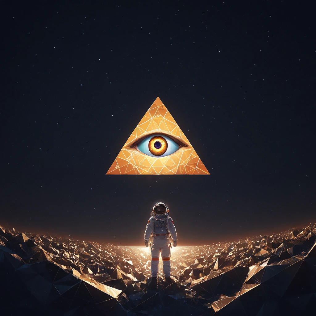 huge (Eye of Providence:1.4) in the sky,1boy\(astronaut, spacesuit, (from back:1.6), standing on asteroid, (astronaut looks so small from far away:1.8), looking up\),Eye of Providence\(so huge, (geometric:1.6),(baklit)\), BREAK ,background\(Eye of Providence in the sky, space, stars\), long shot, long view, low brightness, BREAK ,quality\(8k,wallpaper of extremely detailed CG unit, high resolution, top-quality, top-quality real texture skin, hyper realistic, increase the resolution, RAW photos, best quality, highly detailed, the wallpaper,golden ratio,high saturation realism, vibrant colors, dramatic lighting, persuasive storytelling, atmospheric scenery, captivating visuals, intricate details, strong emotions,dreamlike world\)