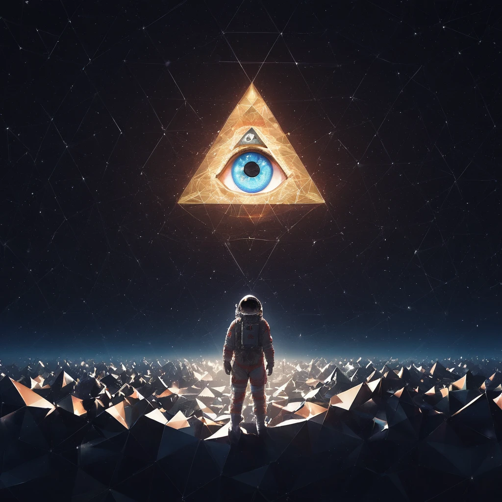 huge (Eye of Providence:1.4) in the sky,1boy\(astronaut, spacesuit, (from back:1.6), standing on asteroid, (astronaut looks so small from far away:1.8), looking up\),Eye of Providence\(so huge, (geometric:1.6),(baklit)\), BREAK ,background\(Eye of Providence in the sky, space, stars\), long shot, long view, low brightness, BREAK ,quality\(8k,wallpaper of extremely detailed CG unit, high resolution, top-quality, top-quality real texture skin, hyper realistic, increase the resolution, RAW photos, best quality, highly detailed, the wallpaper,golden ratio,high saturation realism, vibrant colors, dramatic lighting, persuasive storytelling, atmospheric scenery, captivating visuals, intricate details, strong emotions,dreamlike world\)