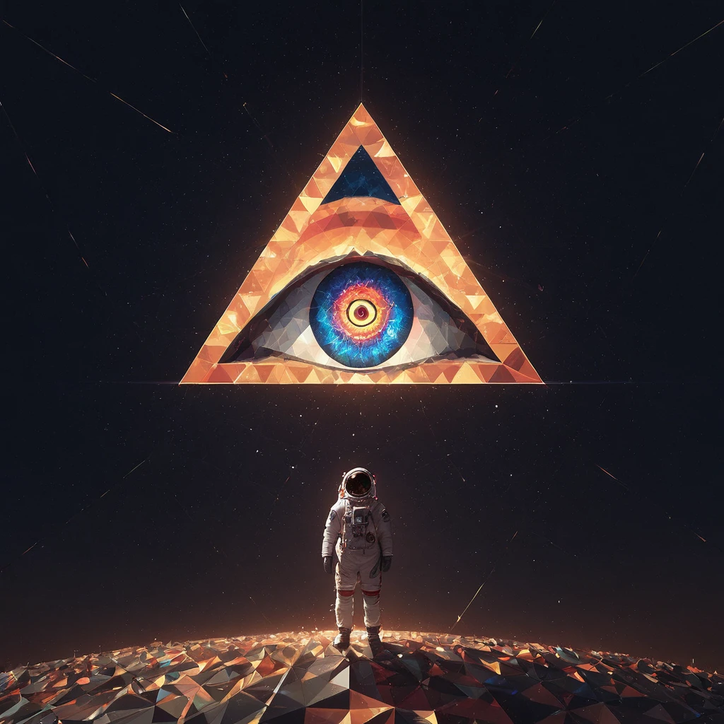 huge (Eye of Providence:1.4) in the sky,1boy\(astronaut, spacesuit, (from back:1.6), standing on asteroid, (astronaut looks so small from far away:1.8), looking up\),Eye of Providence\(so huge, (geometric:1.6),(baklit)\), BREAK ,background\(Eye of Providence in the sky, space, stars\), long shot, long view, low brightness, BREAK ,quality\(8k,wallpaper of extremely detailed CG unit, high resolution, top-quality, top-quality real texture skin, hyper realistic, increase the resolution, RAW photos, best quality, highly detailed, the wallpaper,golden ratio,high saturation realism, vibrant colors, dramatic lighting, persuasive storytelling, atmospheric scenery, captivating visuals, intricate details, strong emotions,dreamlike world\)