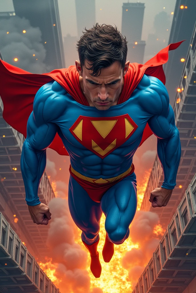 A super hero named MathMan watching a burning building from the sky. Type of comic book vignette