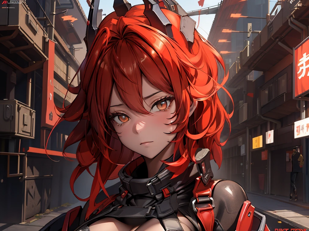 A lone mature girl, Leg long Burning Red hair, , Brown eyes, cat eyes, Beautiful face, masterpiece, best quality, expressive eyes, perfect face, forehead protector, long Black Twin Horn Head Gear, Big Anti-Tank Sniper Rifle, Exposed Navel, Black rubber skin tight suit, full leg black stocking, exposed chest , sci-fi city , High detail mature face, combat suit, high res, ultra sharp, She stands confidently in the center of the poster, Shooting pose, explosion effect, a determined expression on her face。The background is dark and gritty，There is a sense of danger and a strong feeling。The text is bold and eye-catching，With catchy slogans，Adds to the overall drama and excitement。The color palette is dominated by dark colors，Dotted with bright colorake the poster dynamic and visually strikinagazines:1.3), (Cover-style:1.3), Fashion, vibrant, Outfit, posing on a, Front, rich colorful，Background with，element in，self-assured，Expressing the，halter，statement，Attachment，A majestic，coil，Runt，Touching pubic area，Scenes，text，Cover of a，boldness，attention-grabbing，titleashion，typeface，，Best quality at best，Hyper-detailing，8K ，hyper HD