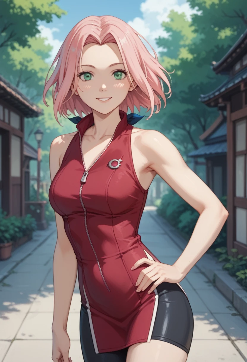 1girl, looking at the viewer, smile, mature woman, thin waist, very very thin waist, very slim body, very slender body, petite body, slim thighs and waist. sakura haruno, medium hair, green eyes, pink hair, parted bangs, dress, bare shoulders, collarbone, sleeveless, sleeveless dress, zipper, black bike shorts, skin tight, teen, forehead protector, leaning forwards, 